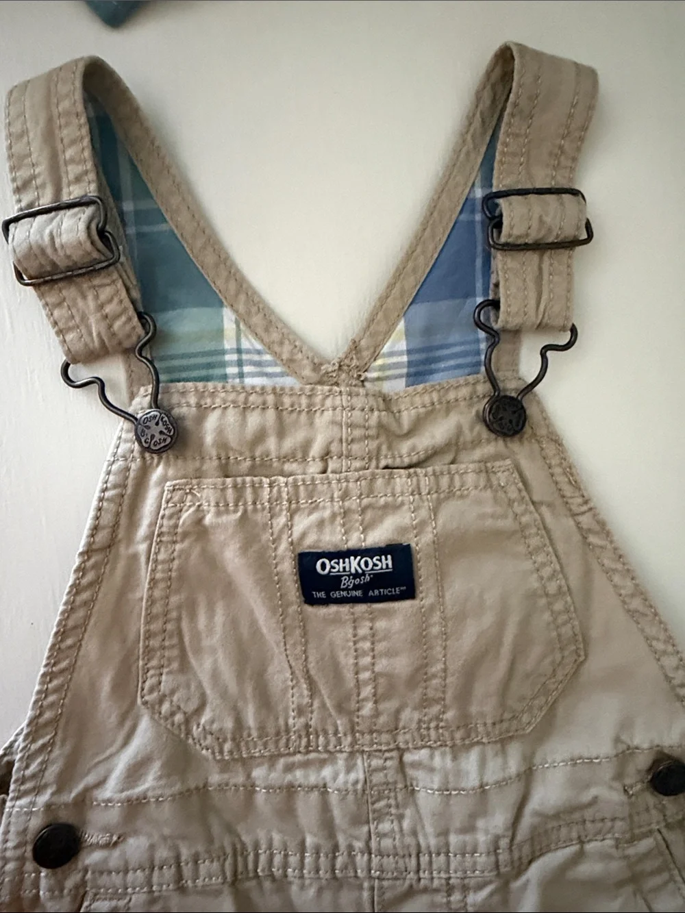 OshKosh B'gosh Tan Toddler Overalls with Blue & Green Plaid Undershirt 24 Month
